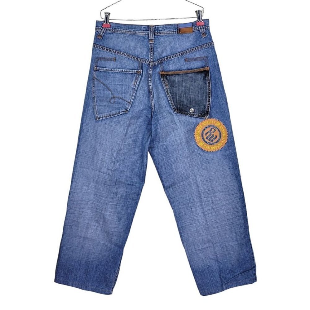Rocawear Jeans Men Sz 32 32X28 Relaxed Fit Patch Straight Wide Leg Large Pockets